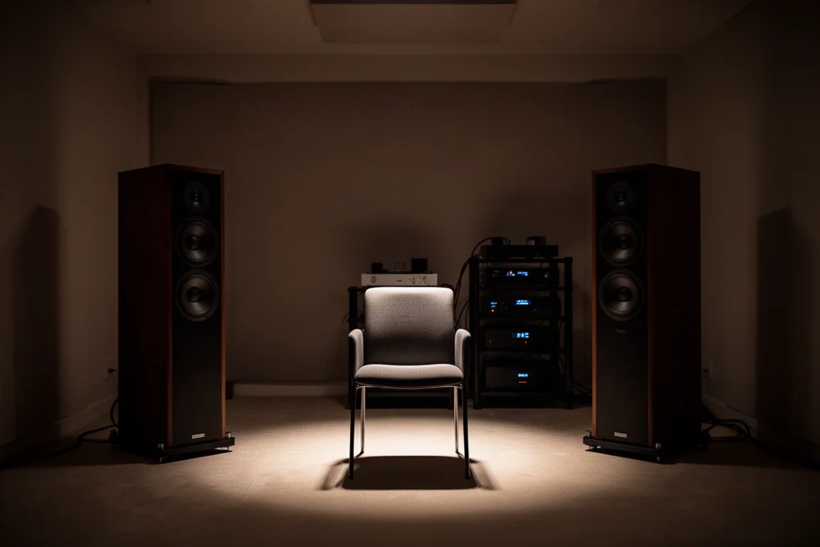 Dimly lit two-channel listening room at night with speakers flanking an empty chair