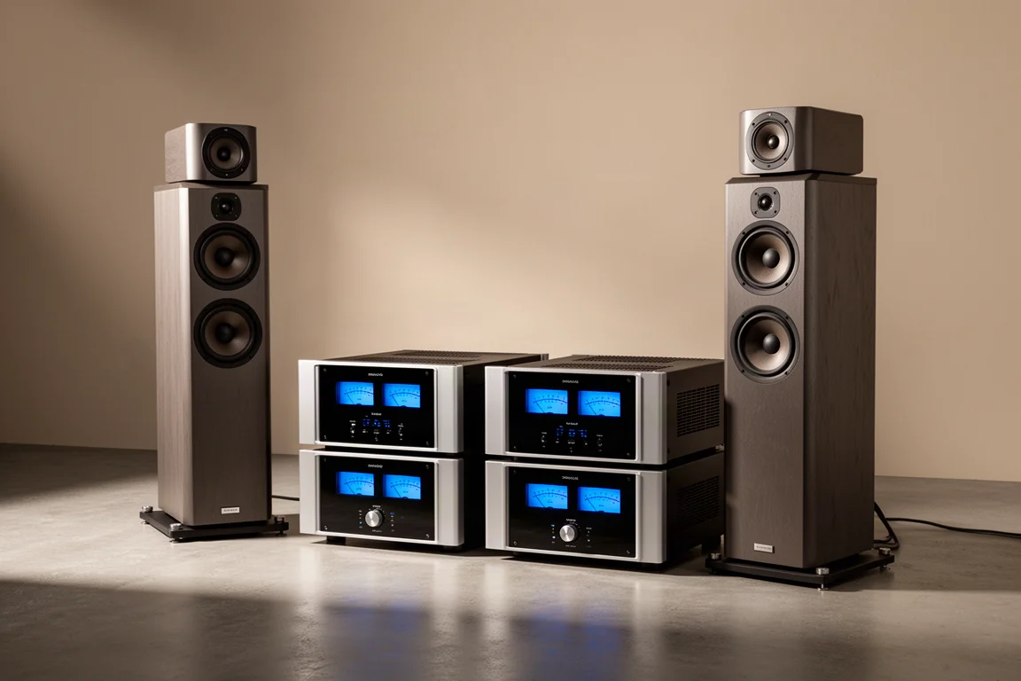 Two floorstanding speakers flanking a pair of monoblock amplifiers with blue meters