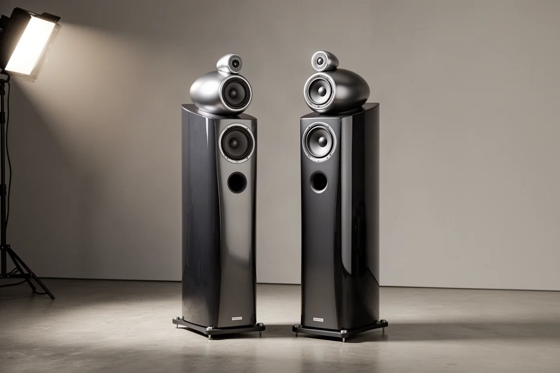 Two tall curved floorstanding loudspeakers with separate midrange heads in a minimalist room