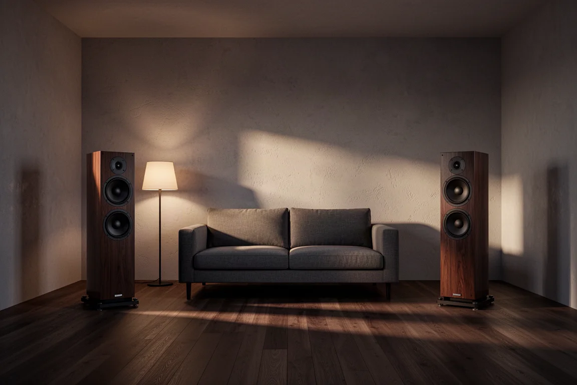 Quiet listening room at dusk with two tall floorstanding speakers and a low sofa