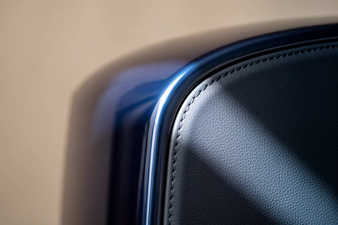Close-up of a curved gloss speaker cabinet edge meeting stitched leather trim