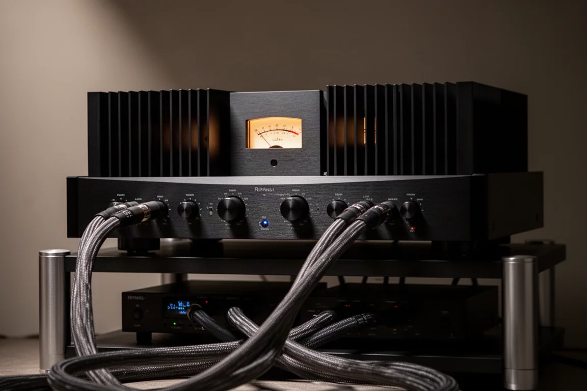 High-end stereo power amplifier on a low rack with speaker cables curving away