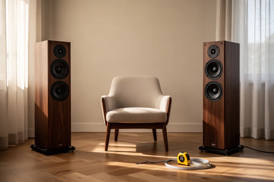 Listening chair positioned between two tall speakers in a softly lit room