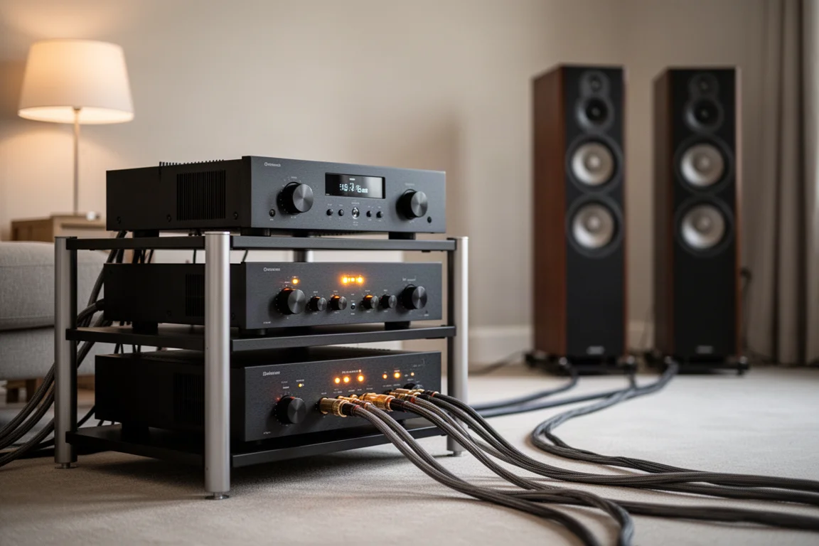 Hi-fi 擴大機音響架,喇叭線延伸向落地式揚聲器