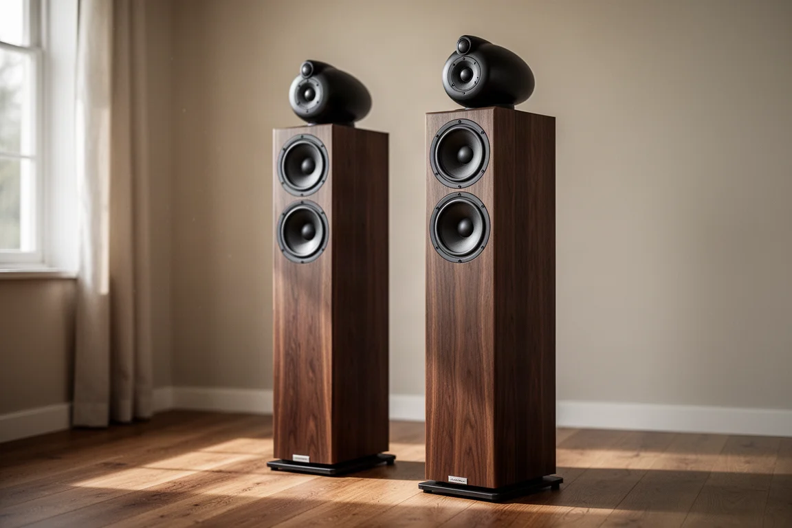 Two large wood-veneer floorstanding tower loudspeakers with top-mounted tweeter enclosures in a living room