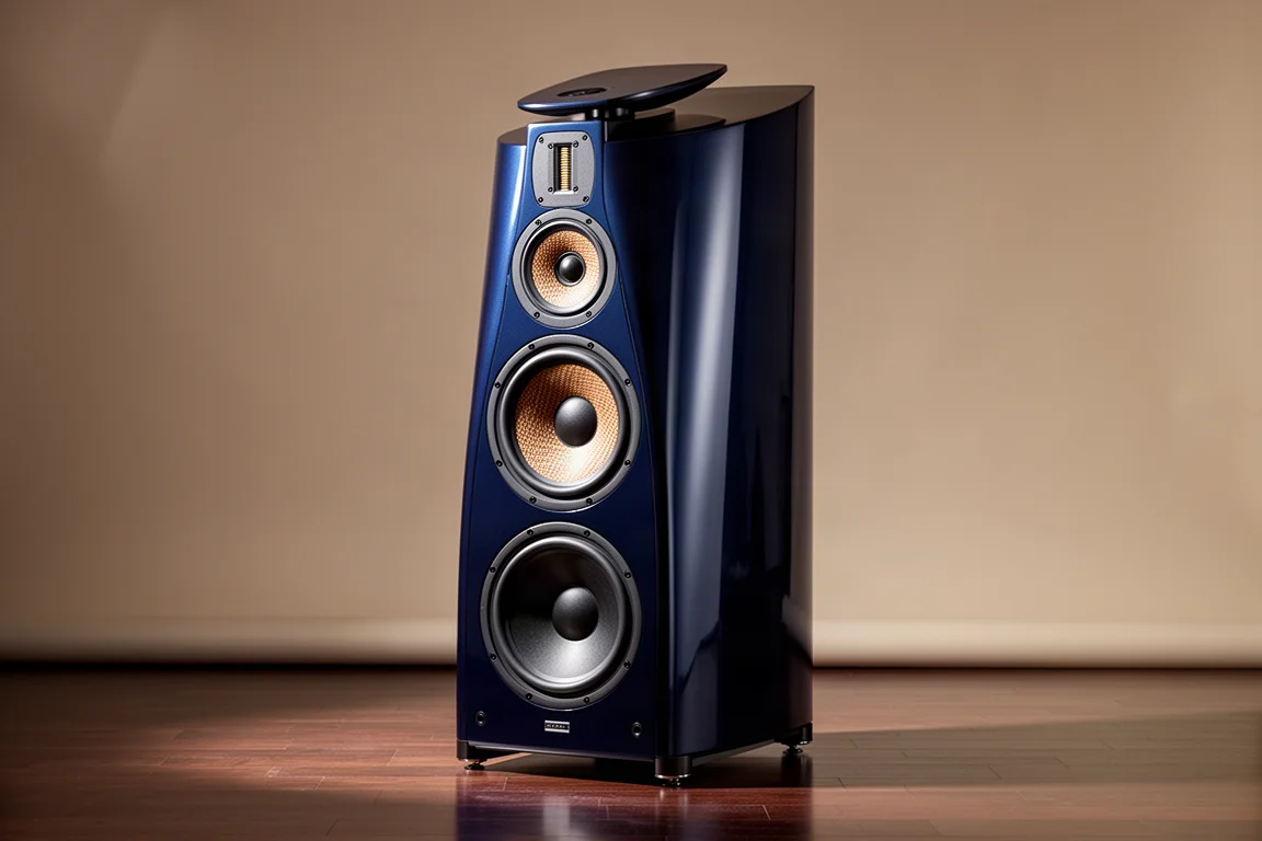 Tall midnight blue floorstanding loudspeaker with two large woofers on a dark wood floor