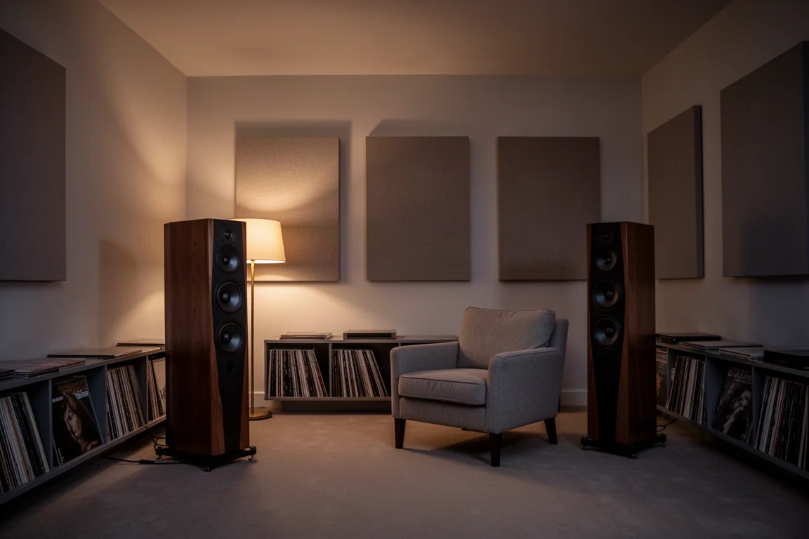 Sala de escucha con luz tenue y dos altavoces de suelo orientados hacia un sillón