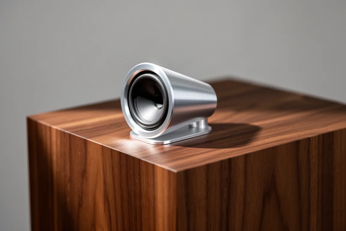 Primer plano de un tweeter de aluminio cónico sobre un recinto de altavoz de nogal