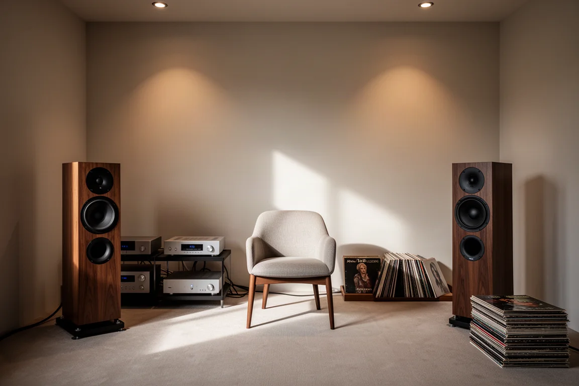 Sala de escucha minimalista con una silla entre dos altavoces de suelo