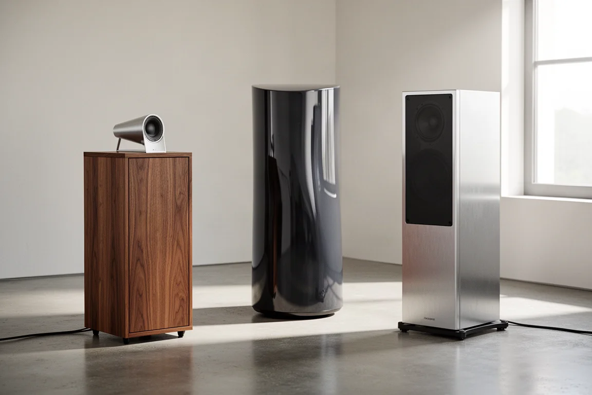 Three floorstanding loudspeakers in walnut, dark composite, and aluminium finishes in a bright room