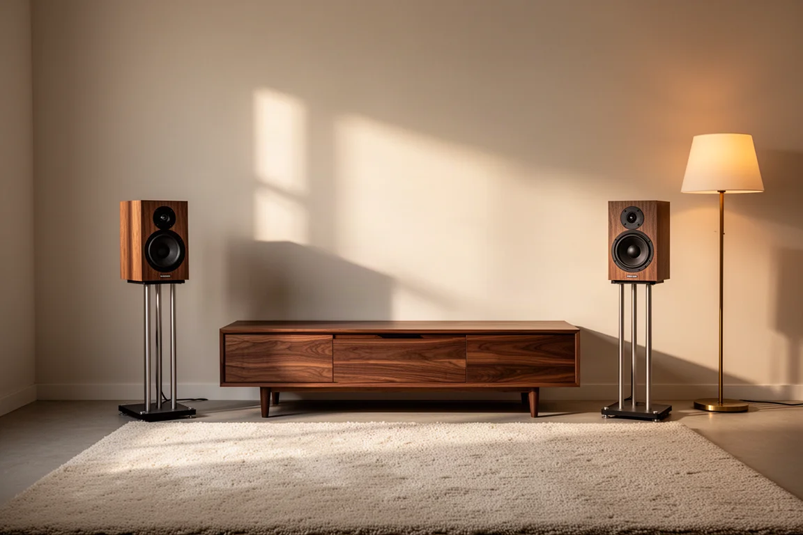 Twee standmount speakers op stands in een zacht verlichte luisterruimte met een notenhouten console