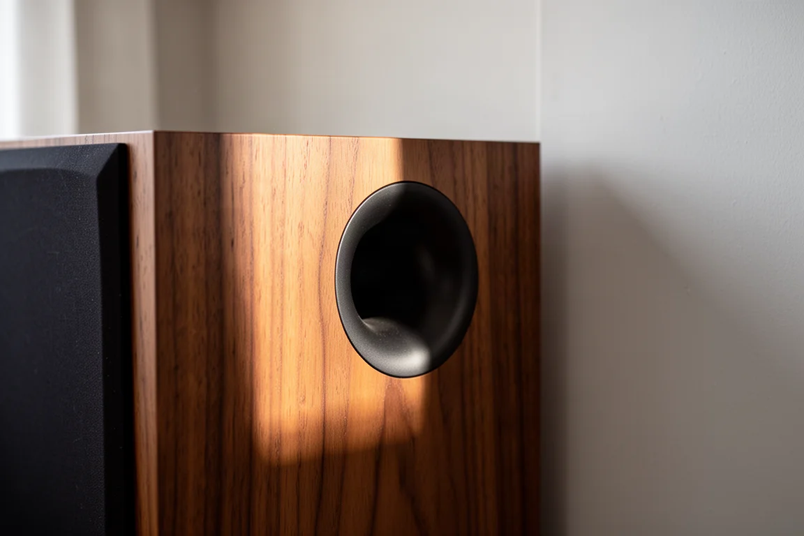 Close-up van een naar achteren gerichte poort van een speaker op korte afstand van een geschilderde muur