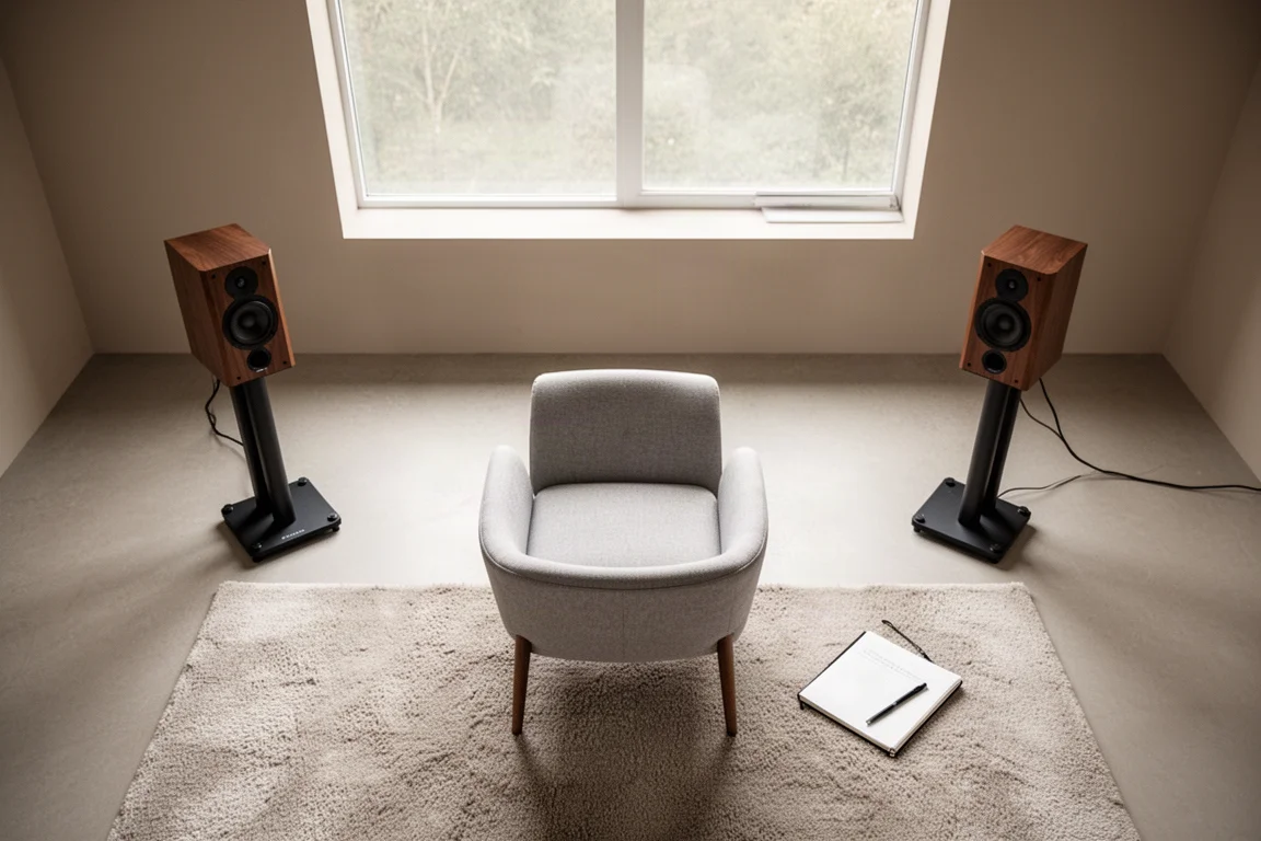 Bovenaanzicht van een woonkamer met twee speakerstands aan weerszijden van een luisterstoel