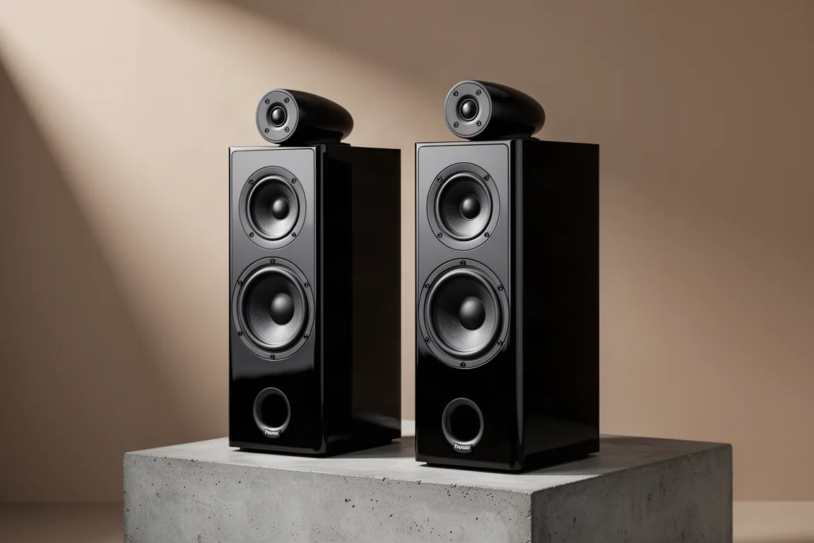Pair of gloss black standmount loudspeakers with top-mounted tweeter housings on concrete