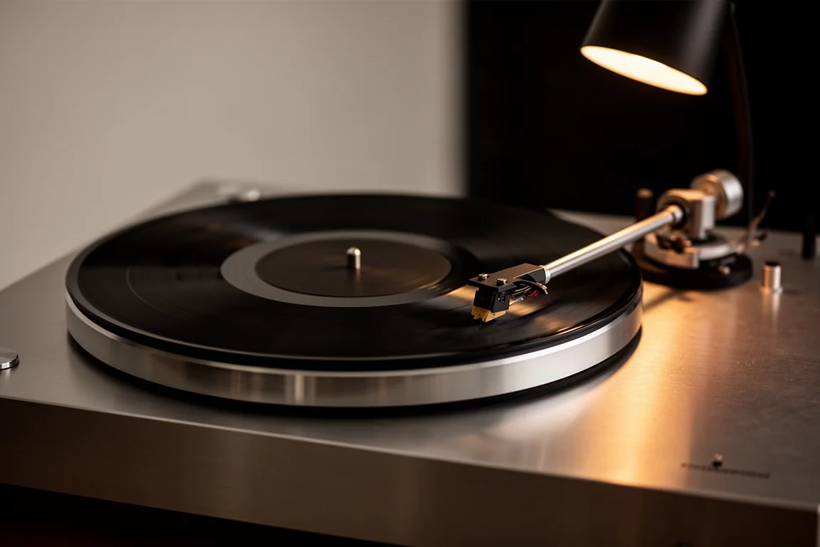 Giradischi che fa girare un disco in vinile nero sotto una luce calda