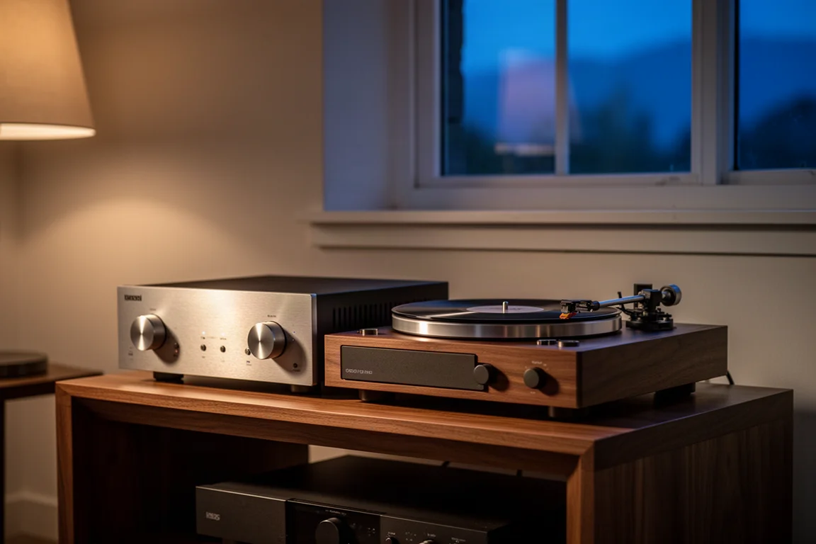 Amplificatore e giradischi su un rack hi-fi in legno al crepuscolo