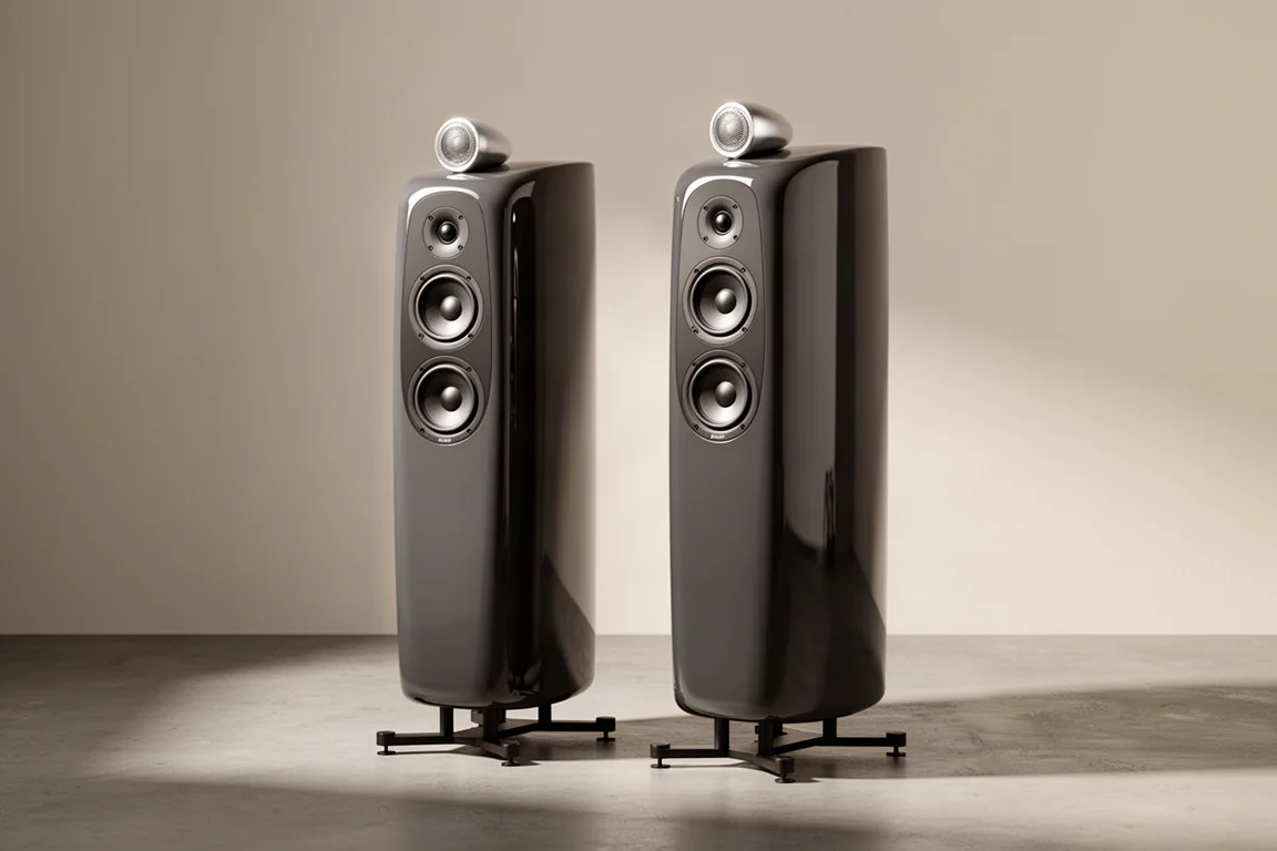 Pair of curved dark stand-mount speakers on stands against a neutral backdrop
