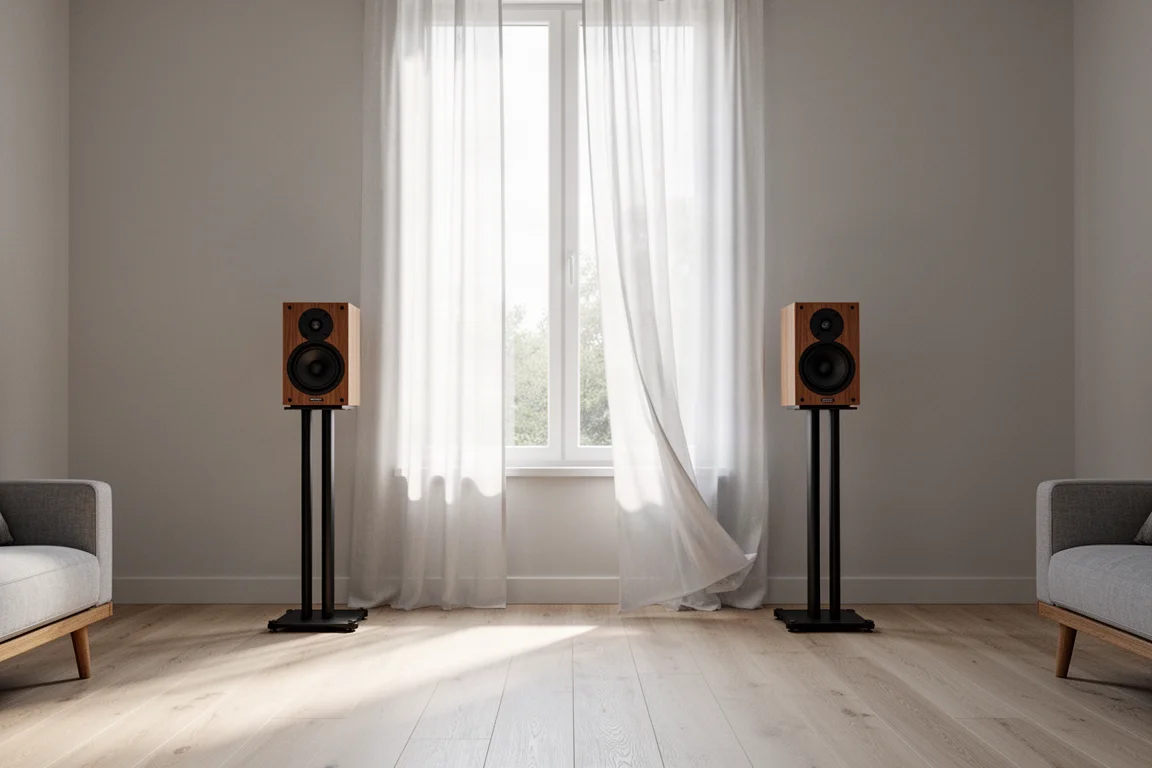 Pareja de altavoces compactos de estantería sobre soportes en un salón luminoso con luz natural suave