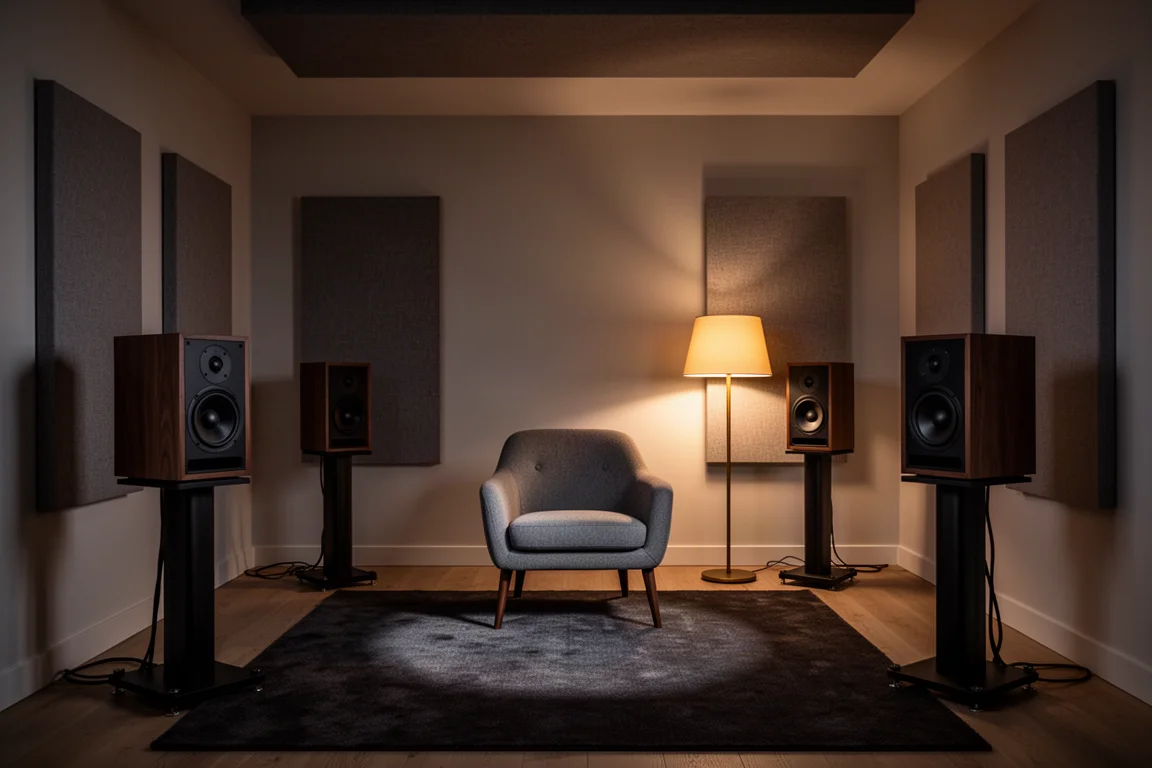 Sala de escucha de noche con altavoces sobre soportes y paneles acústicos en las paredes laterales
