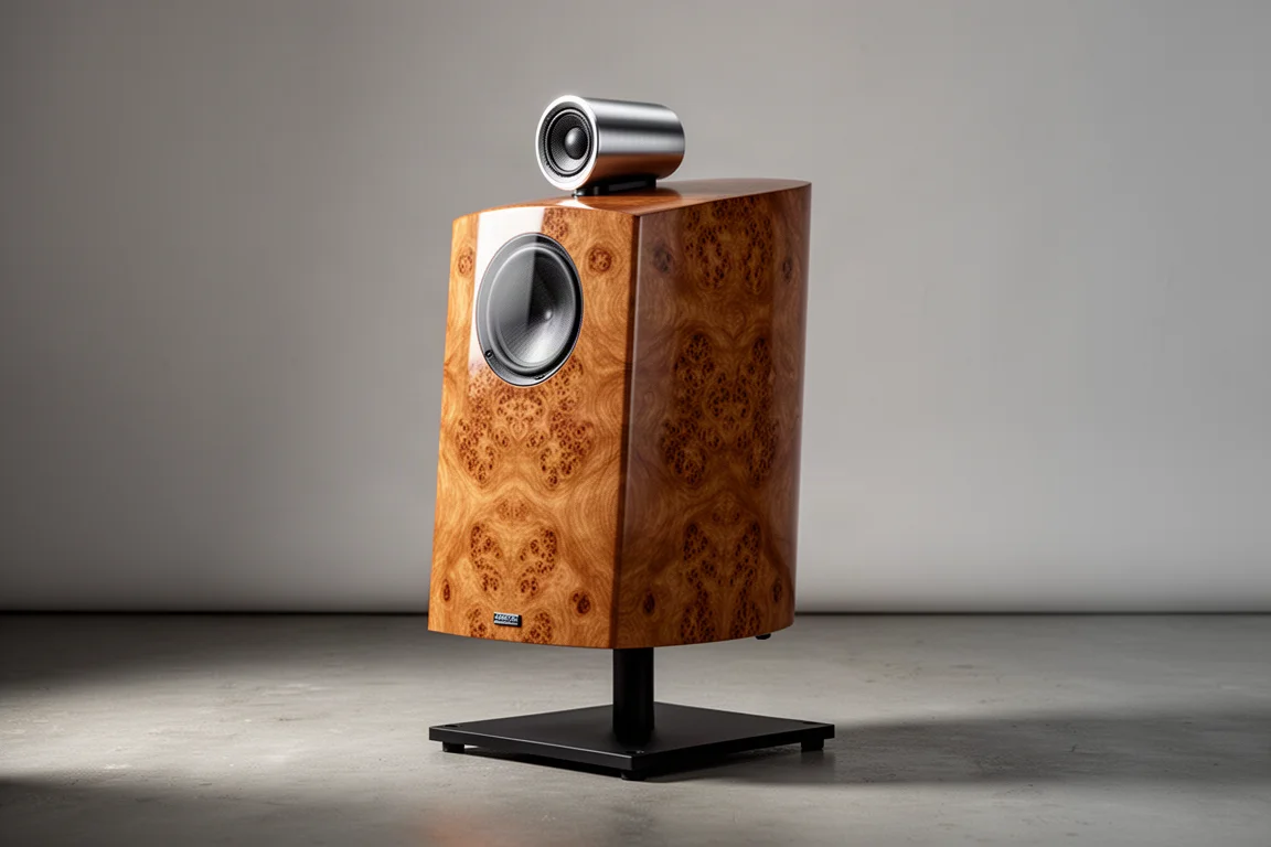 Compact standmount speaker with burl wood cabinet and top-mounted aluminium tweeter housing
