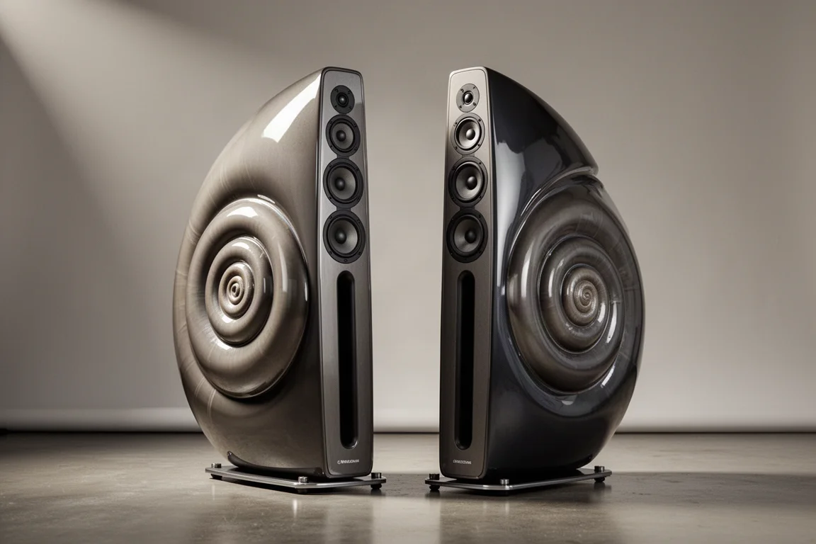 Pair of spiralling floorstanding loudspeakers in gloss finish on a neutral grey backdrop