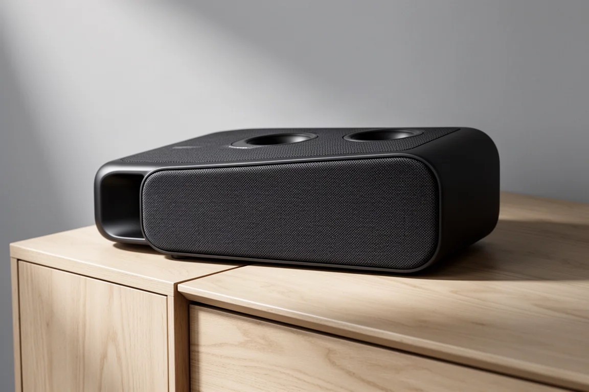 Low-profile dark fabric soundbar on a matte concrete surface in a minimal room