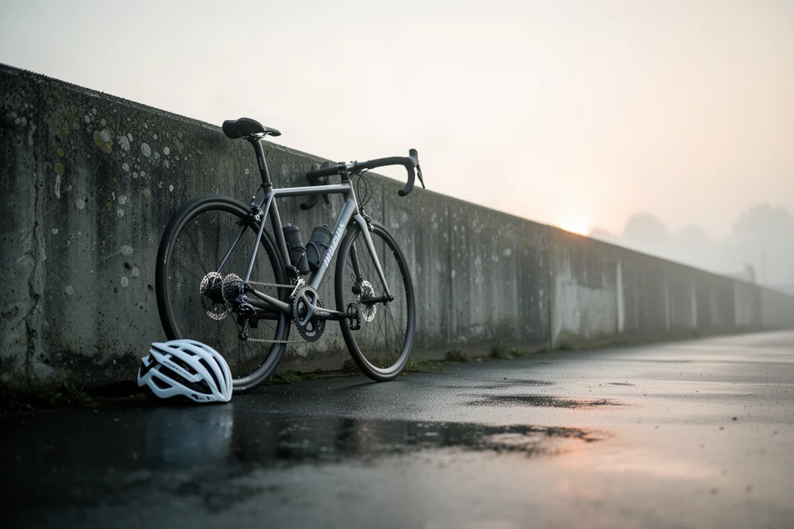 Bicicleta e capacete contra uma parede de concreto em asfalto molhado ao amanhecer