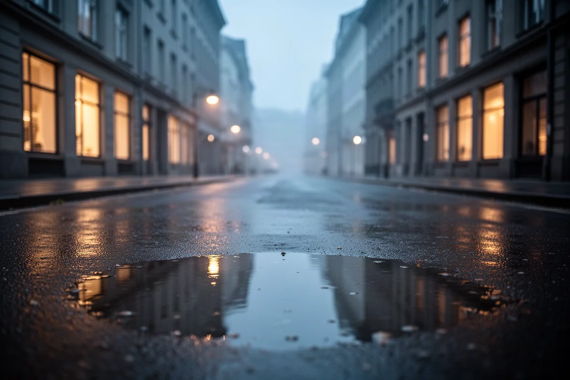 Rua da cidade vazia e molhada pela chuva ao anoitecer refletindo luz quente das janelas