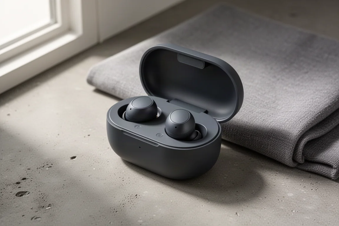 Two dark grey in-ear earbuds resting on an open charging case on concrete