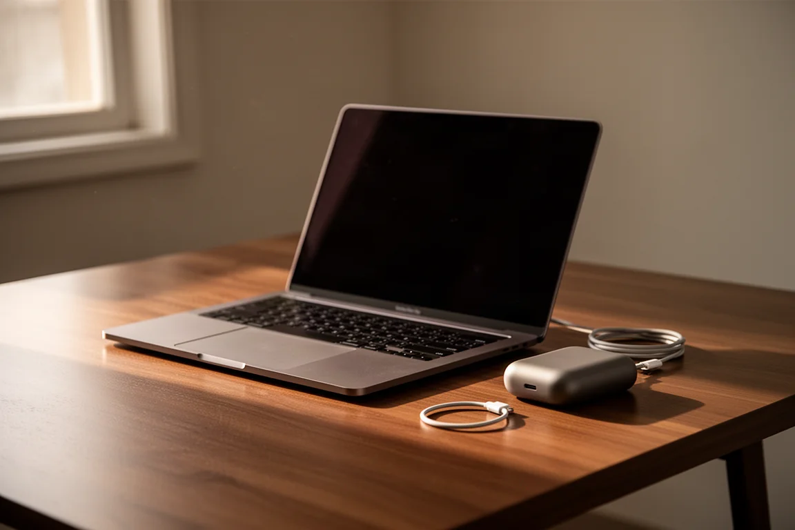 Laptop auf einem Holzschreibtisch neben einem kleinen matten Ladegehäuse im Nachmittagslicht