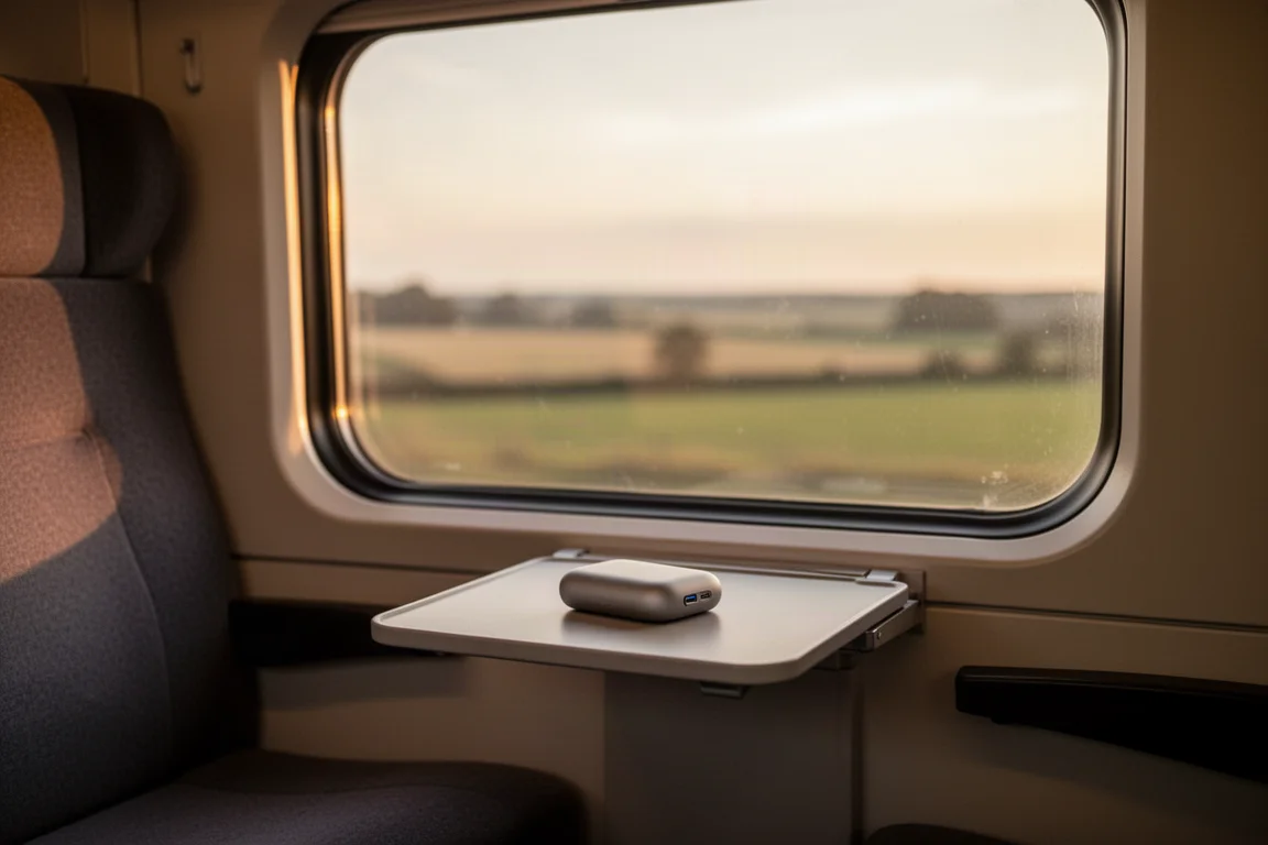 Kleines Ladegehäuse auf einem Zug-Klapptisch mit verschwommener Landschaft jenseits des Fensters