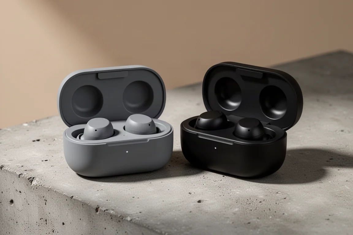 Two open charging cases with true wireless earbuds on a matte concrete surface