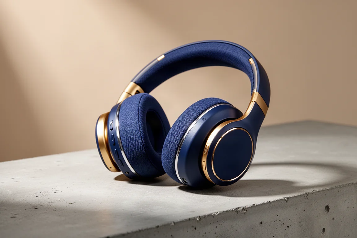 Blue and gold over-ear wireless headphones with aluminium accent rings on concrete