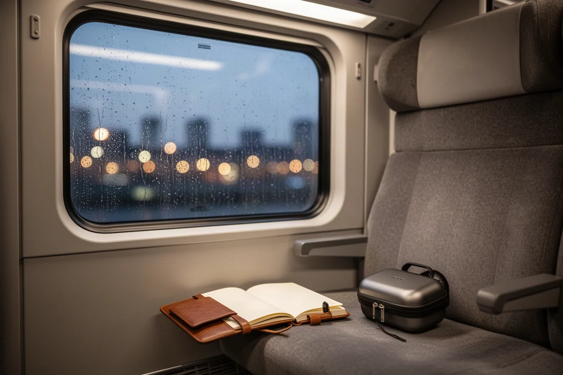 Rustige treinwagon in de schemering met een leren notitieboek en hoofdtelefoonhoes op de stoel