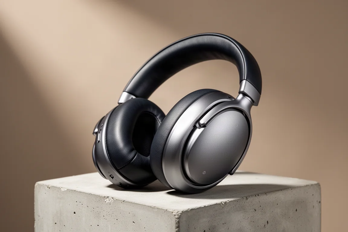 Premium over-ear wireless headphones with aluminium ear cups on a pale concrete plinth