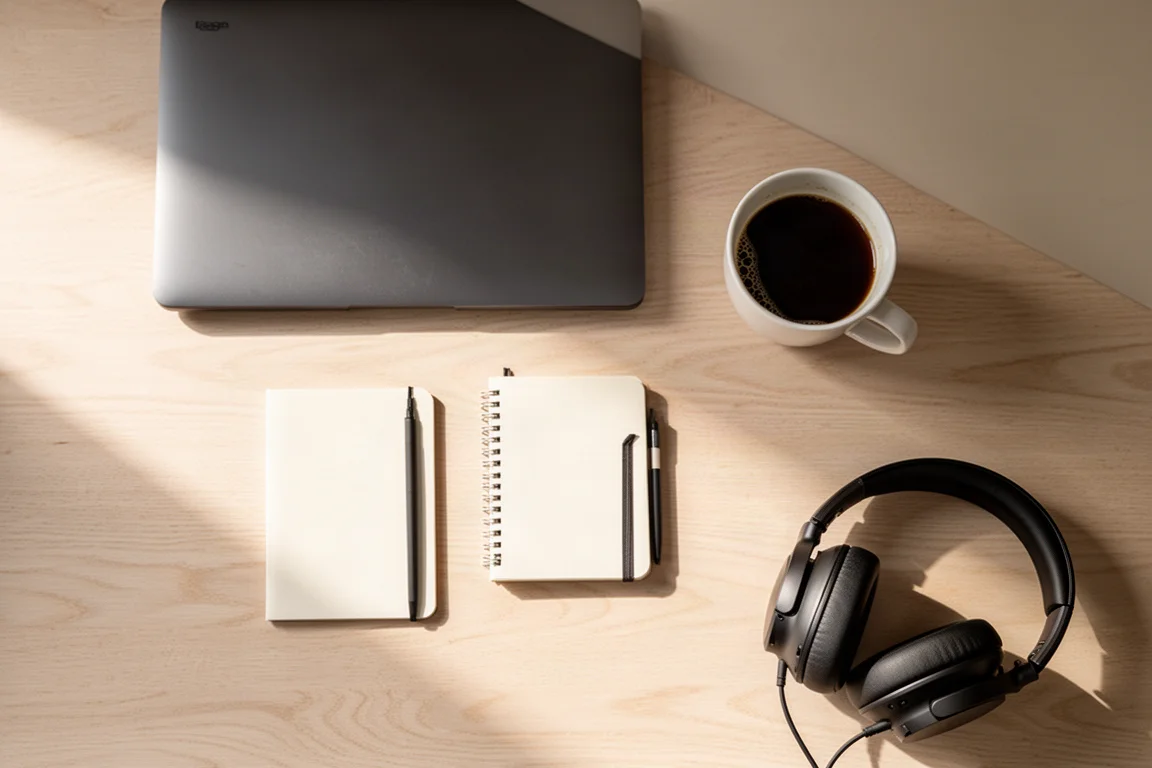 Scrivania vista dall'alto con laptop, quaderno, caffè e cuffie over-ear nella luce del mattino