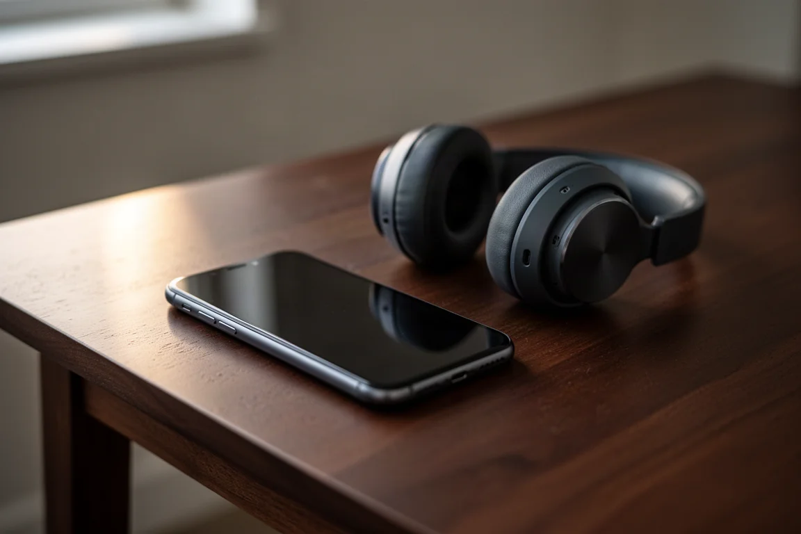 Smartphone e cuffie over-ear su un tavolo di legno scuro nella luce del tardo pomeriggio