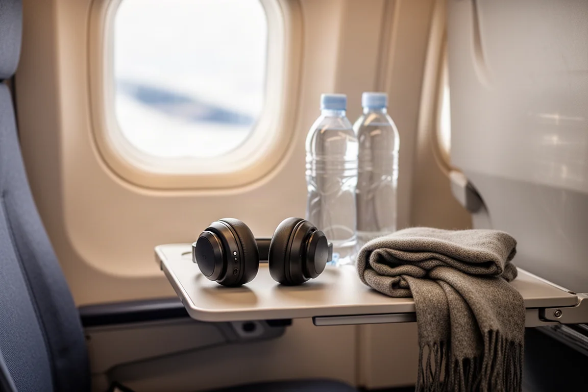 Tavolino ribaltabile di un posto finestrino in aereo con cuffie, bottiglia d'acqua e sciarpa piegata