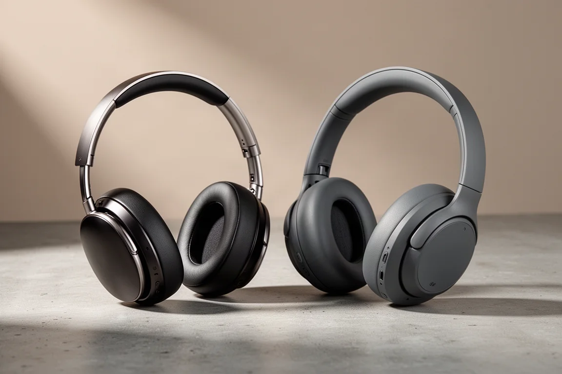 Two over-ear wireless headphones side by side on a concrete surface in soft studio light