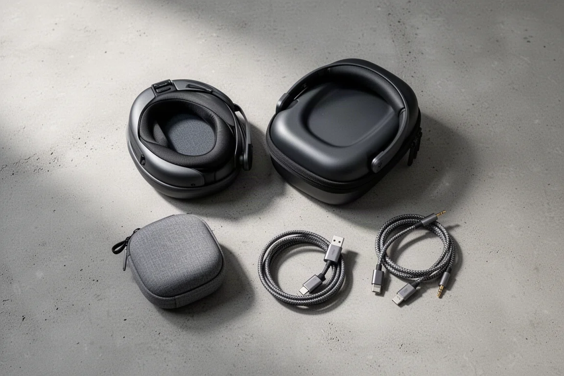 Flat-lay di una custodia rigida da viaggio per cuffie, una pochette magnetica per accessori e due cavi avvolti su cemento