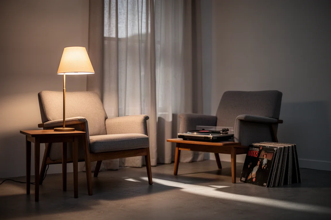 Angolo di ascolto domestico tranquillo al crepuscolo con luce calda di lampada, poltrona e dischi in vinile impilati