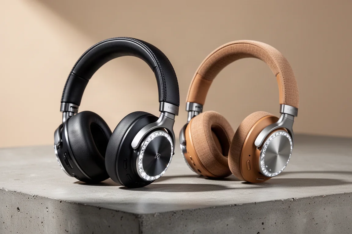 Two pairs of over-ear wireless headphones on a concrete surface, one leather finished, one cloth finished