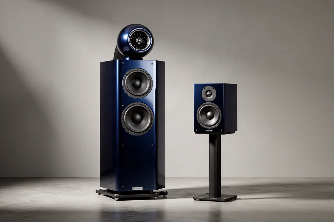 Midnight blue floorstanding and bookshelf speakers side by side on a concrete floor