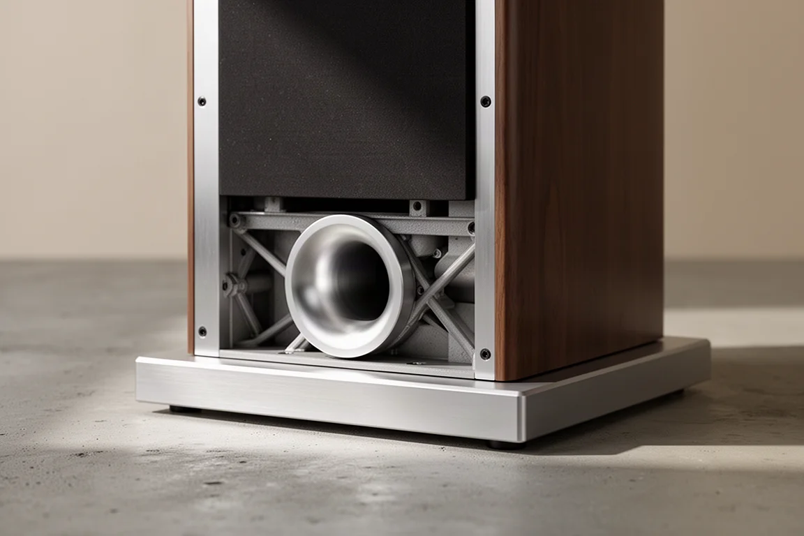 Primo piano della base del cabinet di un diffusore con condotto in alluminio rivolto verso il basso