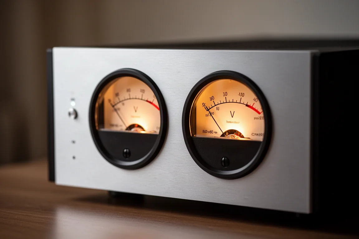Vu-meter analogici illuminati sul pannello frontale in alluminio spazzolato di un amplificatore