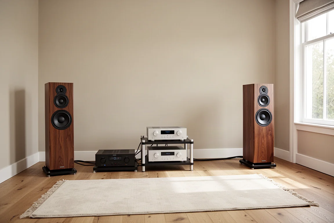 Configurazione d'ascolto a due canali con diffusori, rack e tappeto in un ambiente luminoso