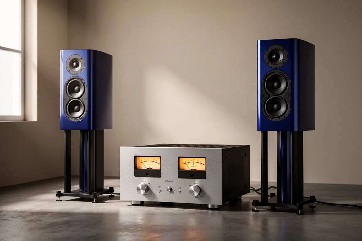 High-end two-channel system with floorstanding speakers and a power amplifier showing VU meters