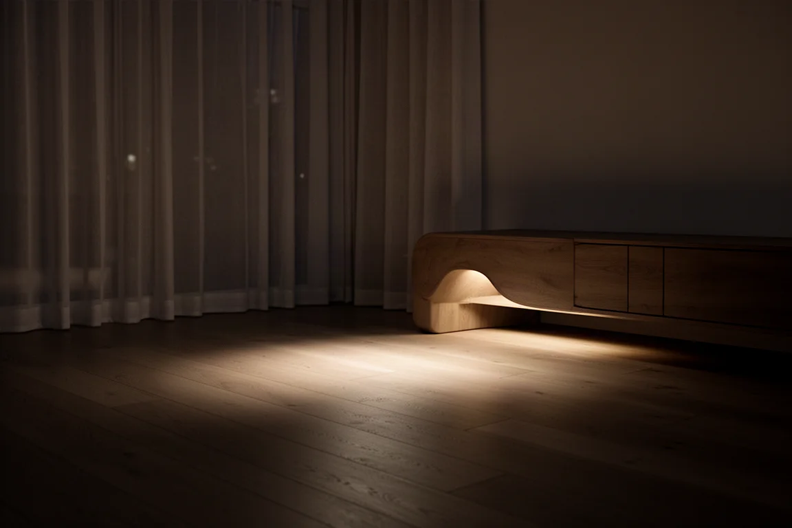 Sanftes warmes Leuchten unter einem geschwungenen Gehäuse auf dunklem Holzboden bei Nacht