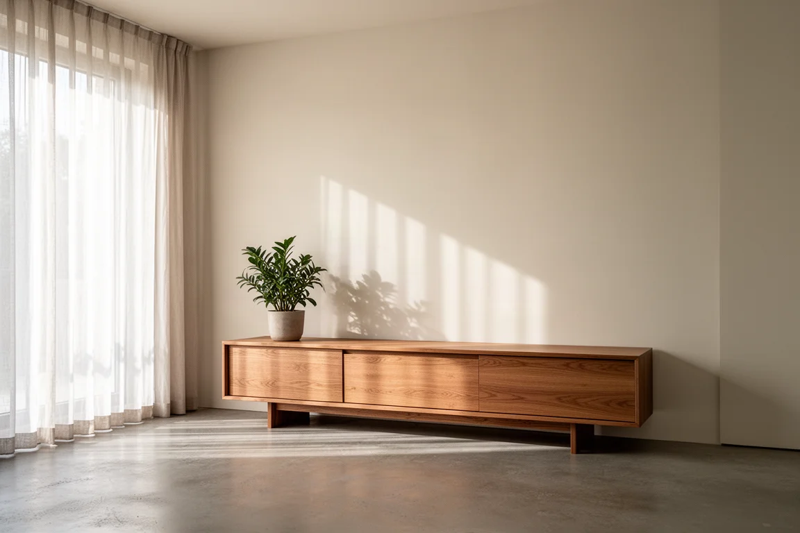 Minimalistisches Wohnzimmer im Morgenlicht mit niedriger Anrichte und Zimmerpflanze