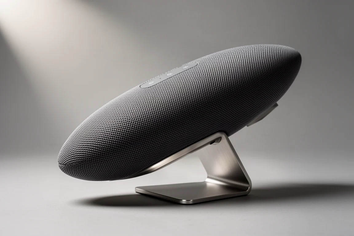 Bowers & Wilkins Zeppelin wireless speaker tilted on an aluminium stand